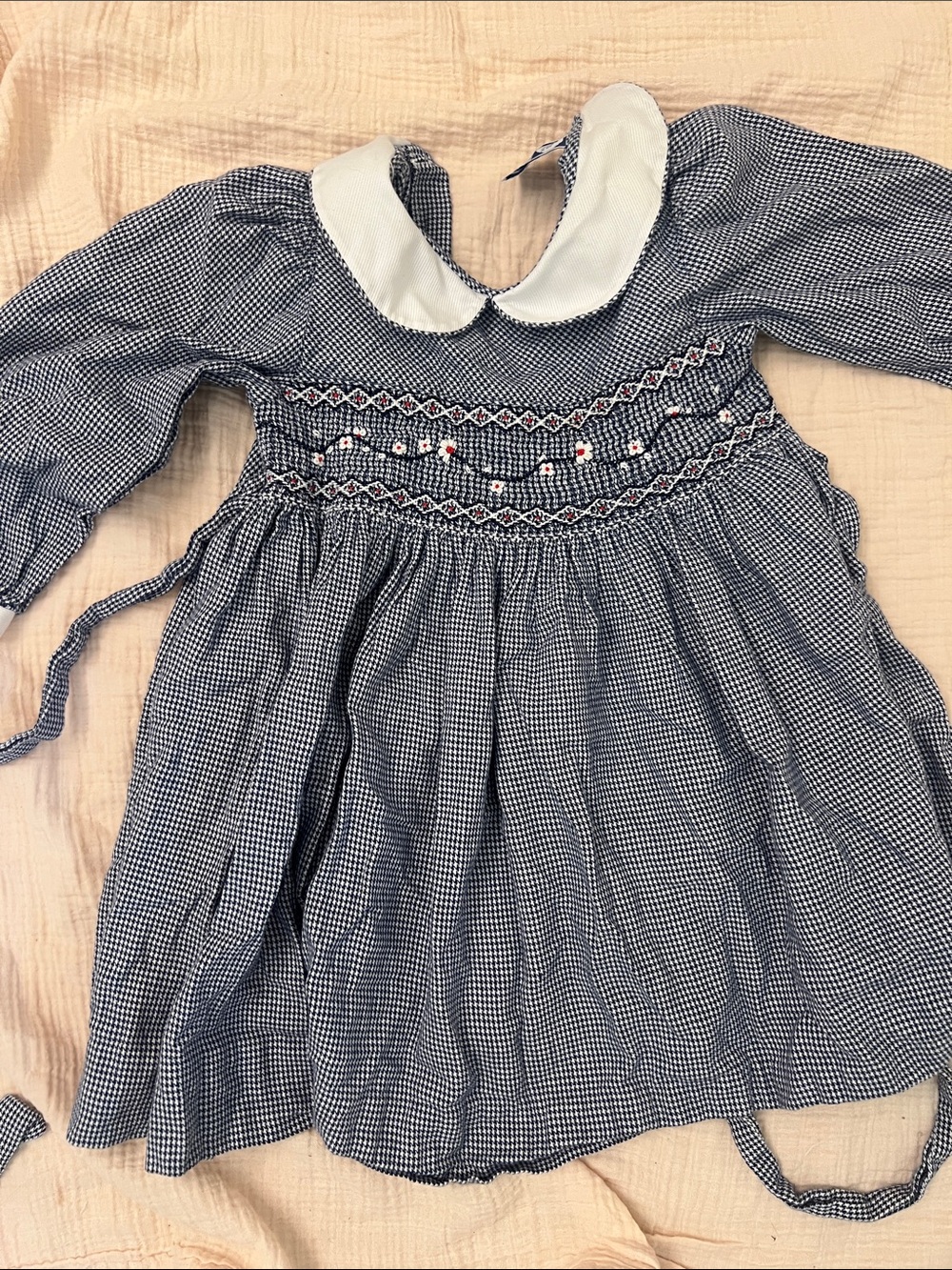 Carriage Boutique Navy Smocked Houndstooth Dress with White Peter Pan Collar